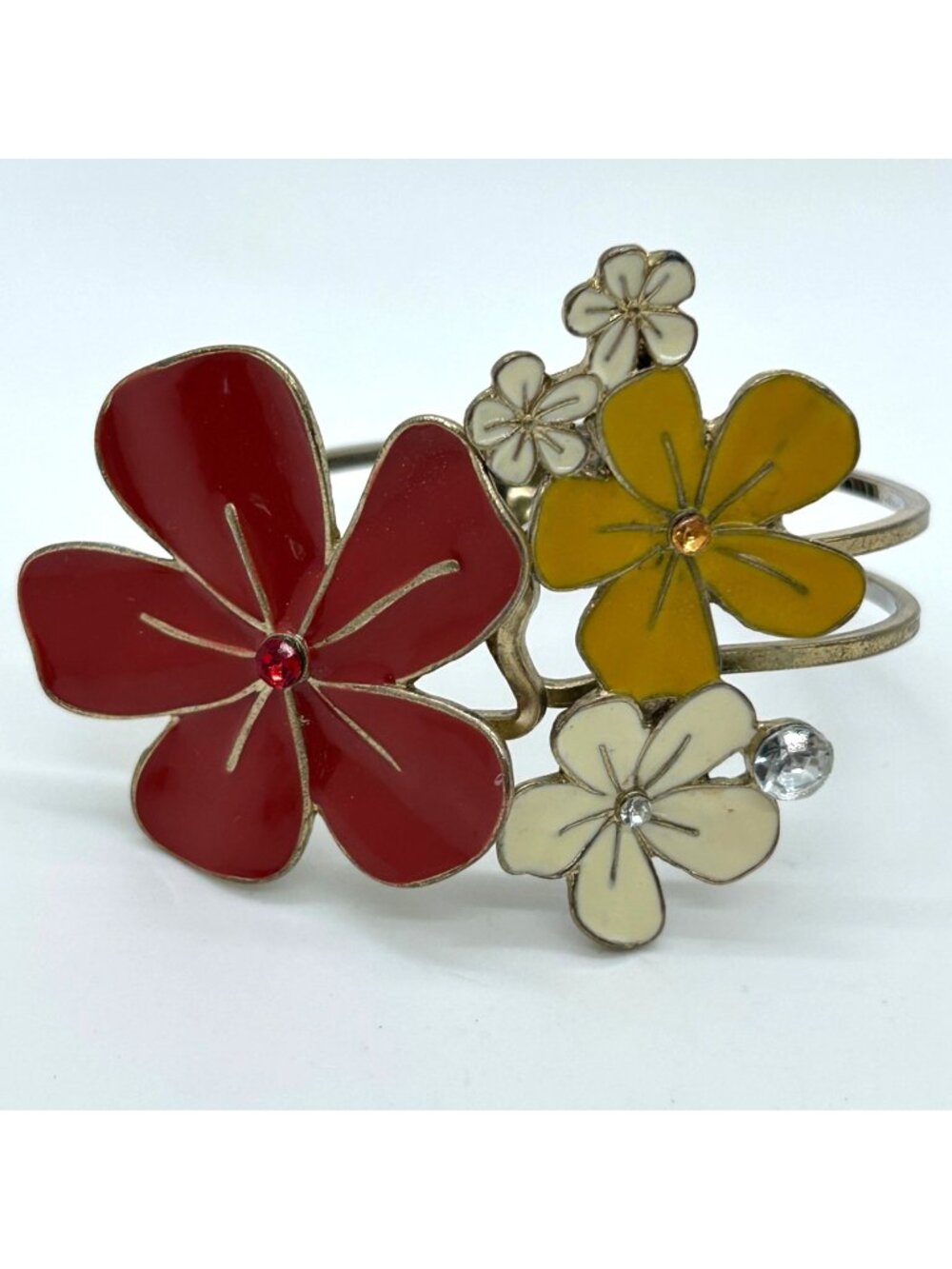Vintage Enamel Flower Clamper Bangle Bracelet Gold Tropical Rhinestone Retro